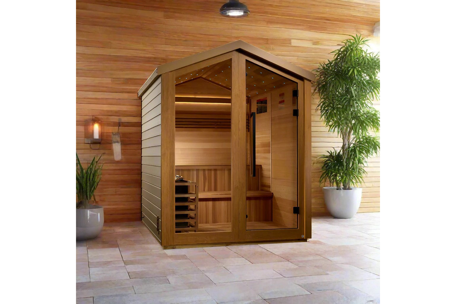 Golden Designs Kaarina six-person outdoor traditional sauna with cedar wood construction and glass door in modern spa setting