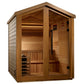 Golden Designs Kaarina cedar wood sauna with glass double doors, wooden benches, and interior lighting on white background