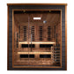 Golden Designs Karlstad 6-person infrared sauna with cedar wood interior, glass doors, and LED lighting on white background