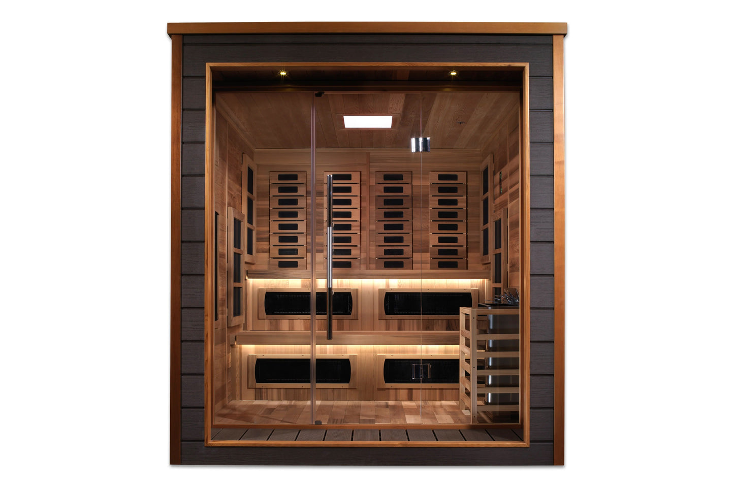 Golden Designs Karlstad 6-person infrared sauna with cedar wood interior, glass doors, and LED lighting on white background