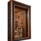 Golden Designs Karlstad 6-person sauna with dark exterior frame, cedar wood interior, glass door, and bench seating, on white
