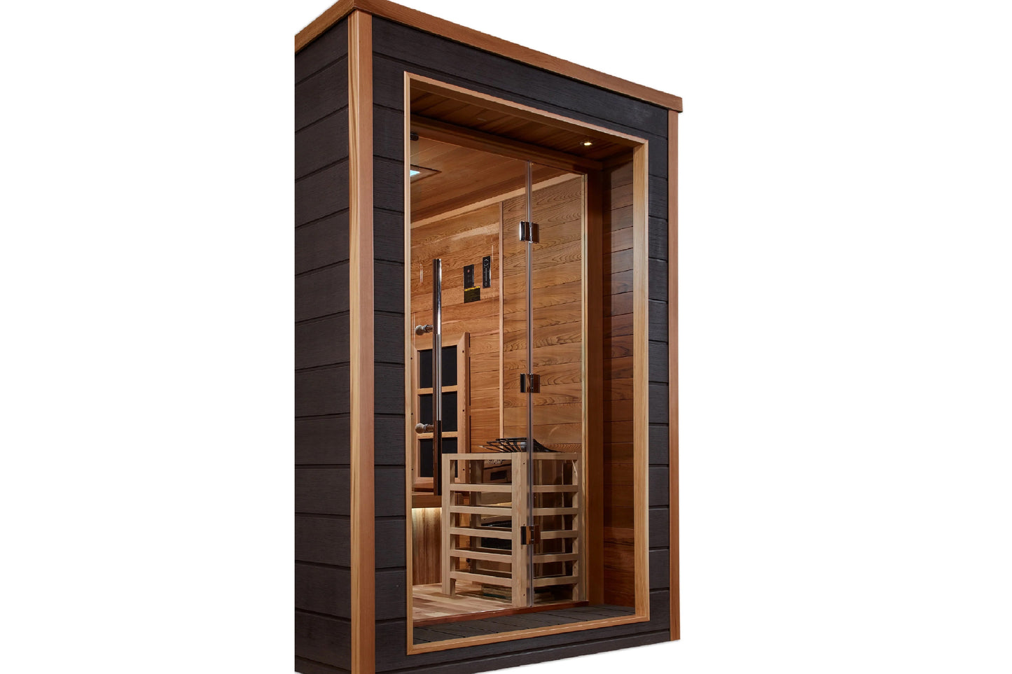 Golden Designs Karlstad 6-person sauna with dark exterior frame, cedar wood interior, glass door, and bench seating, on white