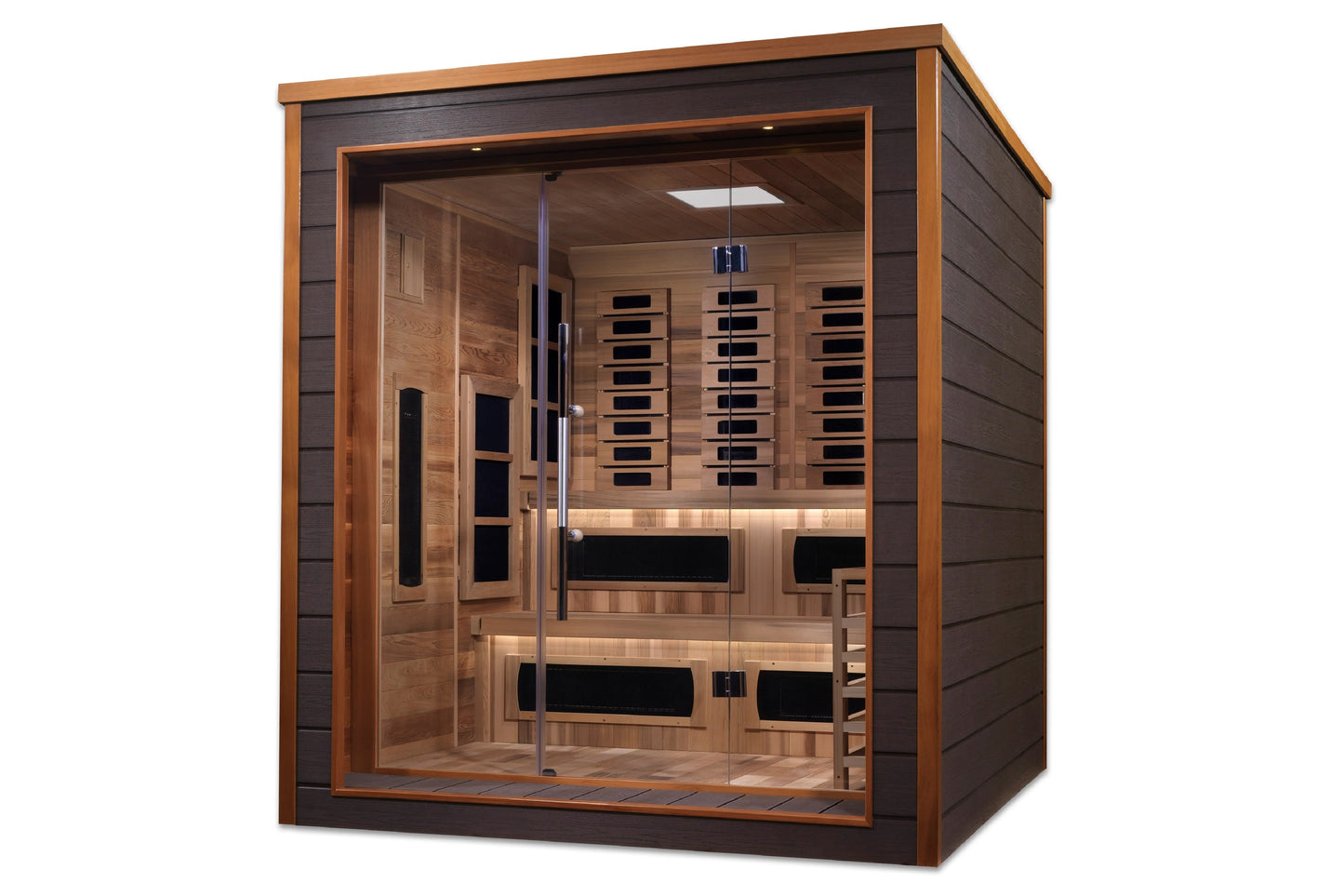 Golden Designs Karlstad infrared sauna with cedar wood interior, glass front doors, and full spectrum heater panels, on white