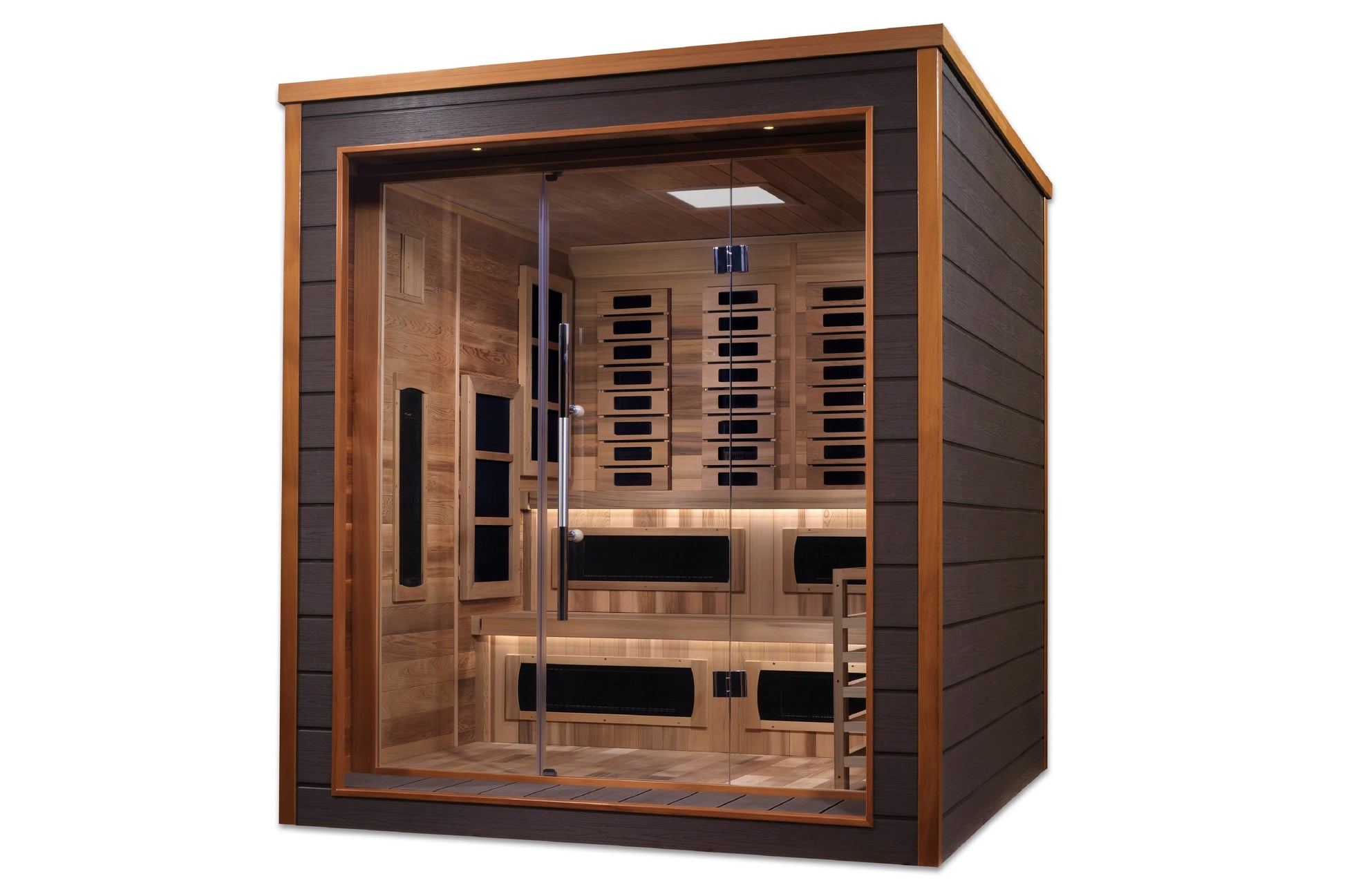 Golden Designs Karlstad infrared sauna with cedar wood interior, glass front doors, and full spectrum heater panels, on white