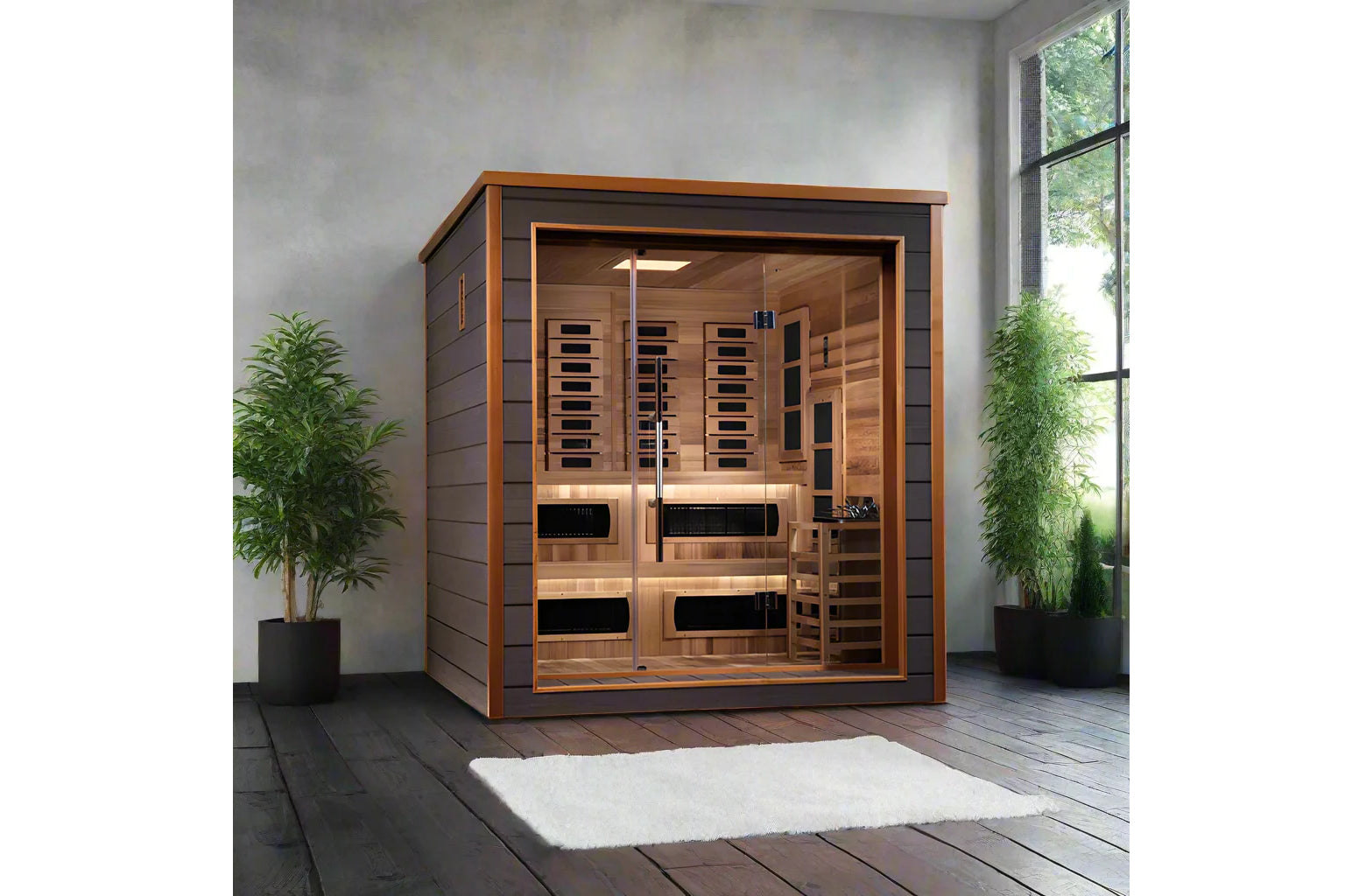 Golden Designs Karlstad six-person sauna with cedar interior, glass doors, and bronze frame in modern spa setting