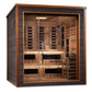 Golden Designs Karlstad 6-person sauna with cedar interior, glass double doors, multiple infrared heaters, and wooden bench s