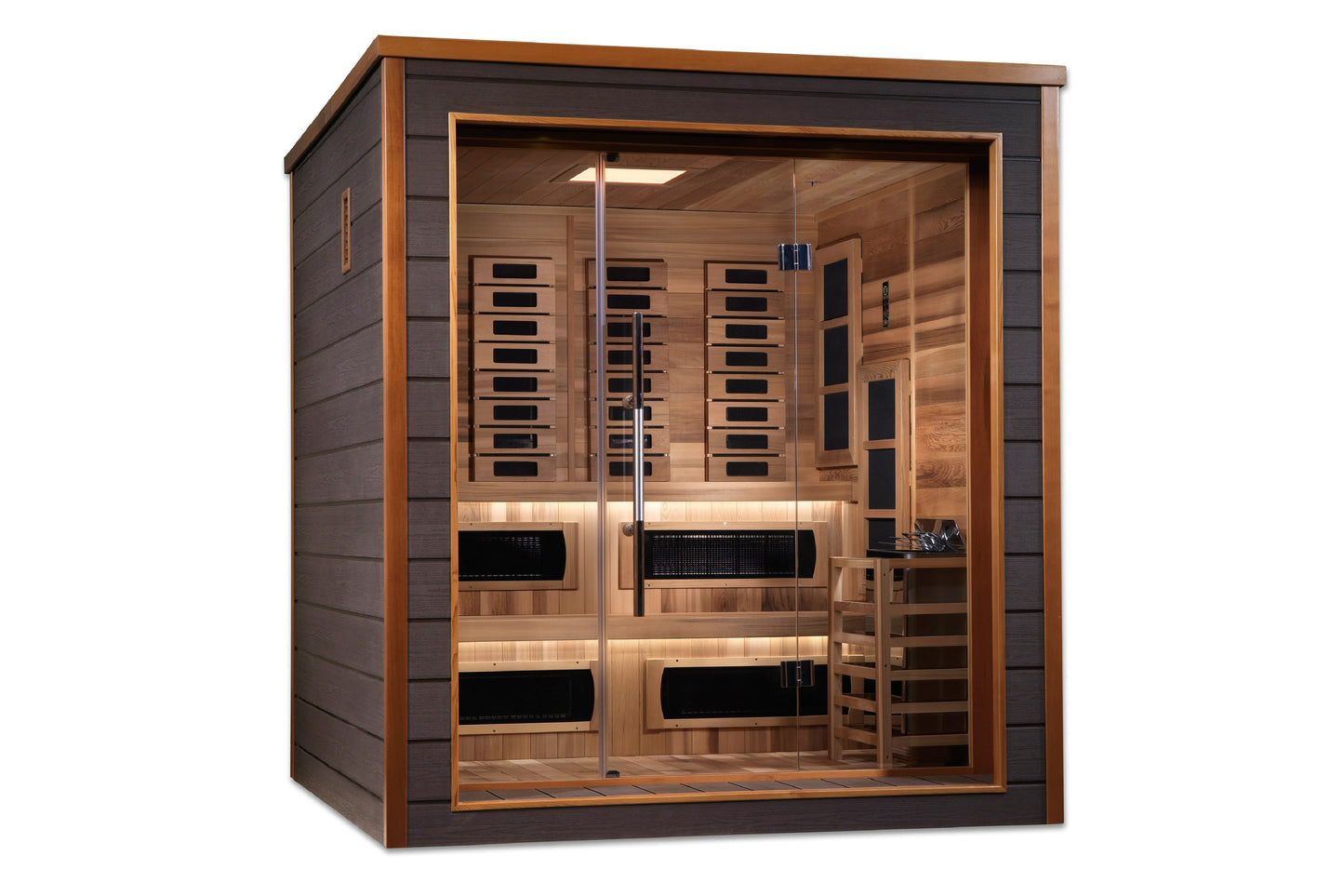 Golden Designs Karlstad 6-person sauna with cedar interior, glass double doors, multiple infrared heaters, and wooden bench s