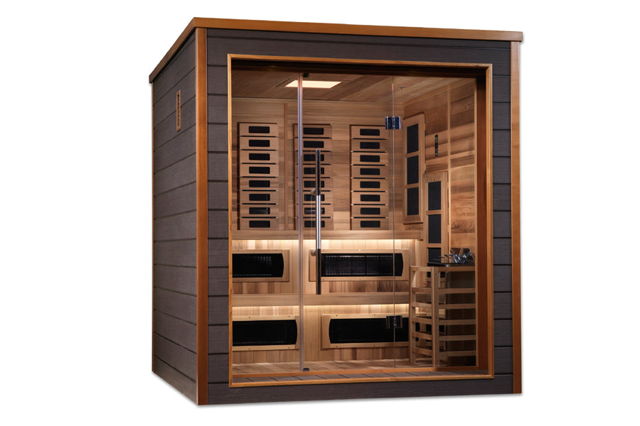 Two-person sauna cabin with dark wood exterior, light wood interior, glass front doors, multiple infrared heating panels, and