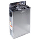 Harvia stainless steel sauna heater with black lid open, filled with rocks, on white background
