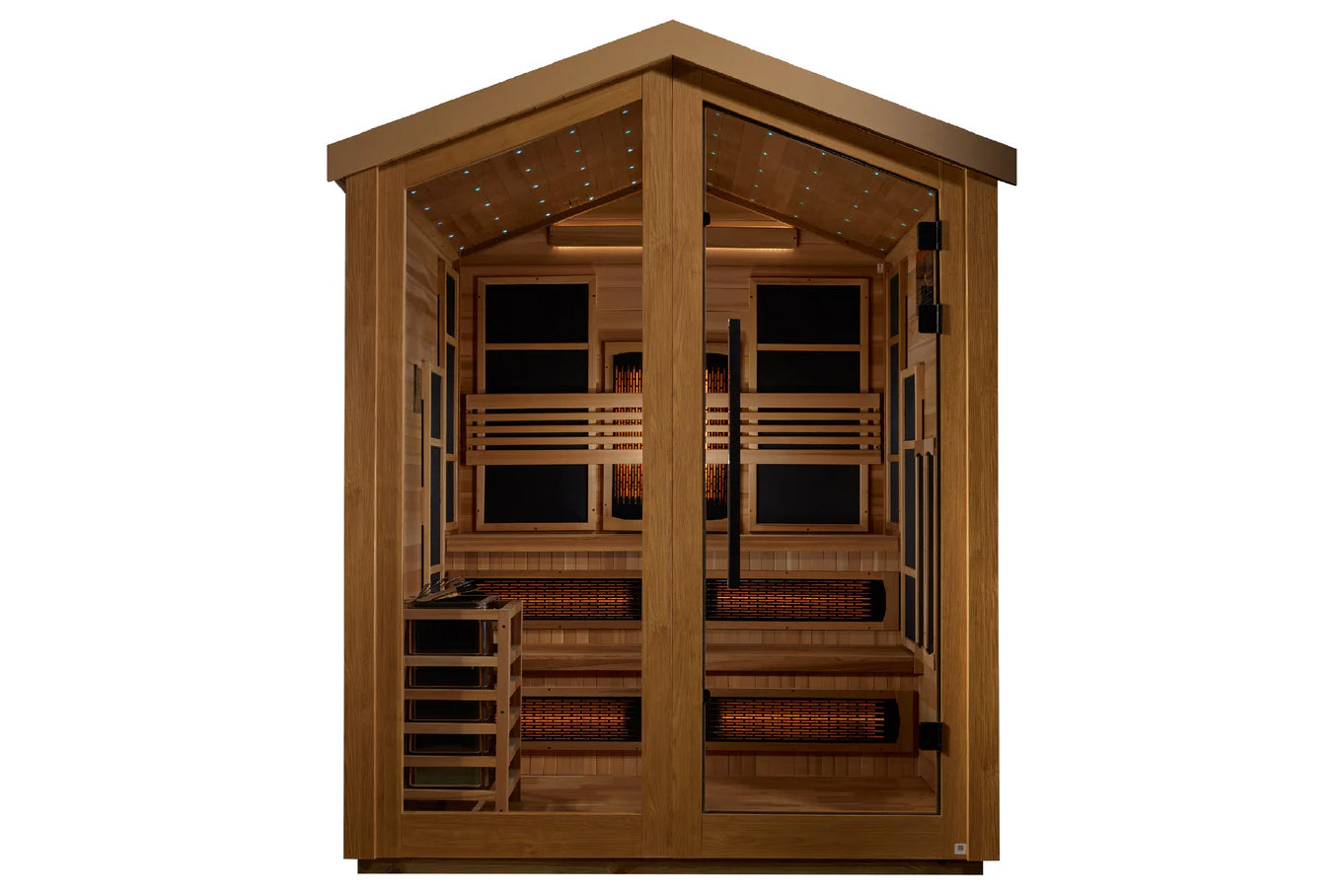 Golden Designs Kaskinen 6-person hybrid sauna with cedar wood construction, glass doors, infrared heaters, and full spectrum 