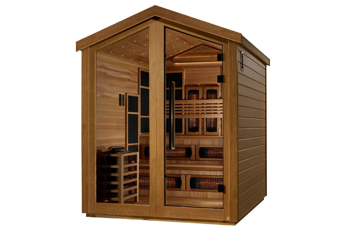 Golden Designs Kaskinen 6-person hybrid sauna with light wood exterior, glass door panels, interior bench seating, and infrar