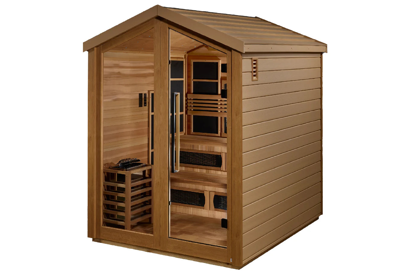 Golden Designs Kaskinen 6-person hybrid sauna with cedar wood construction, glass door, and full spectrum lighting on white b