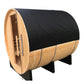 Golden Designs Klosters barrel sauna with natural wood construction, black roof, metal bands, and horizontal support legs on 