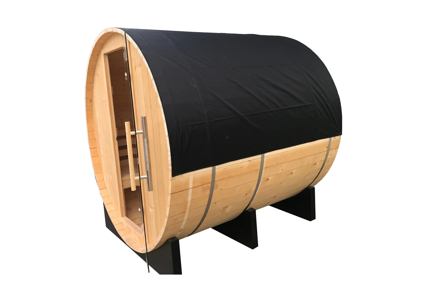Golden Designs Klosters barrel sauna with natural wood construction, black roof, metal bands, and horizontal support legs on 