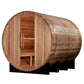 Golden Designs Klosters barrel sauna in light wood with open door showing interior benches and metal bands, on white backgrou