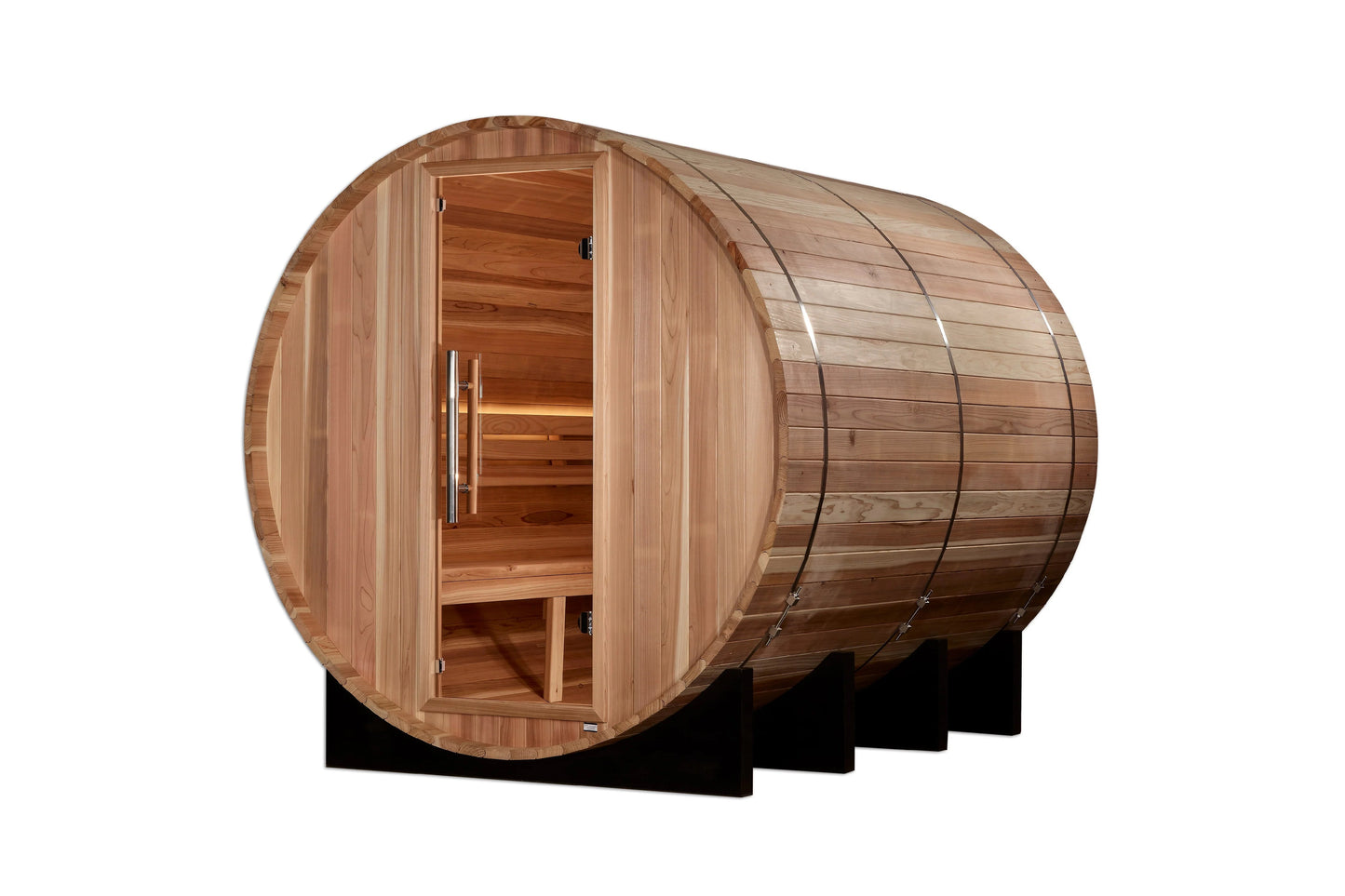 Golden Designs Klosters barrel sauna in light wood with open door showing interior benches and metal bands, on white backgrou