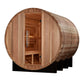 Golden Designs Klosters barrel sauna in natural cedarwood with open door showing interior benches and wooden construction on 