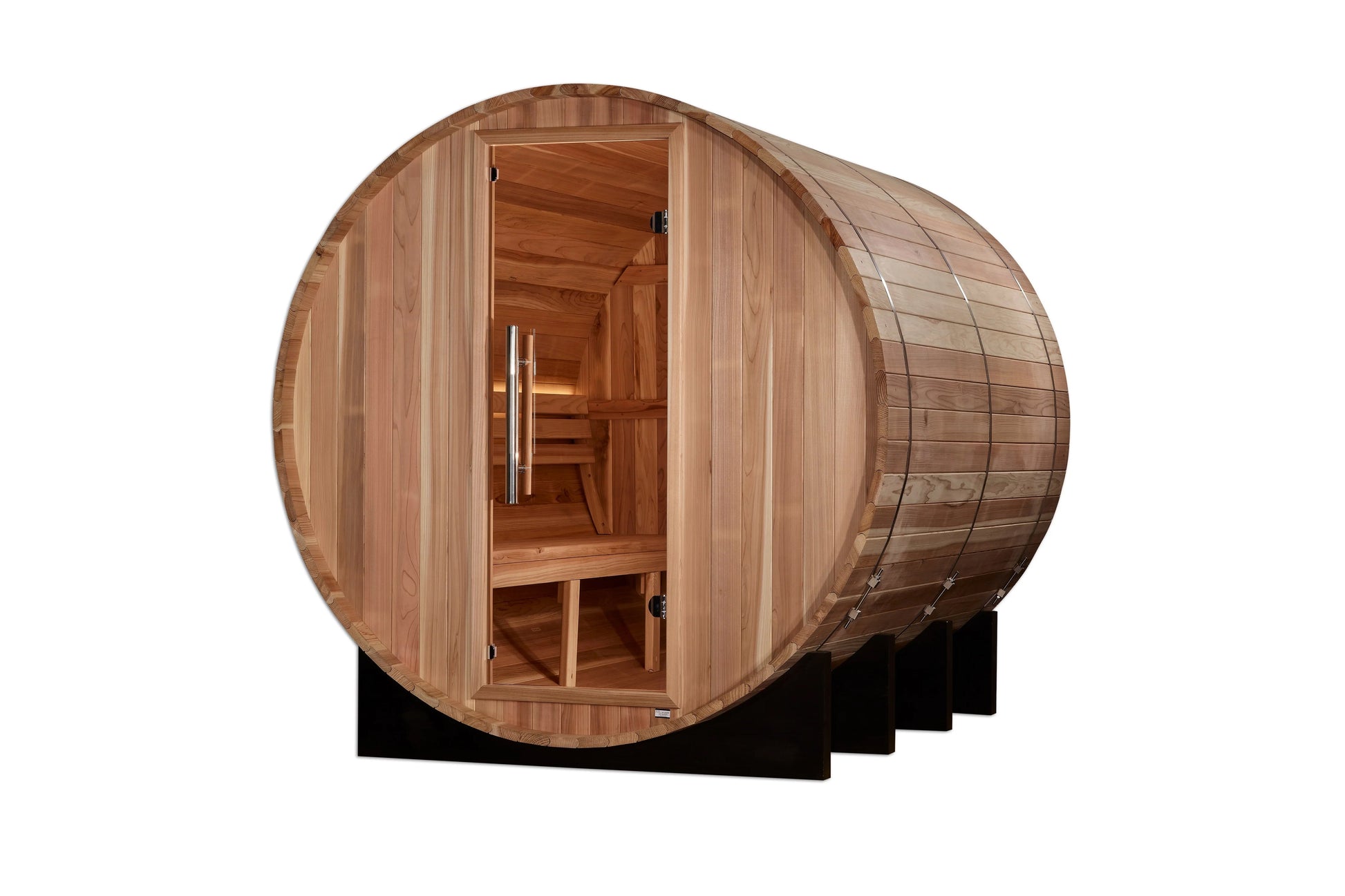 Golden Designs Klosters barrel sauna in natural cedarwood with open door showing interior benches and wooden construction on 
