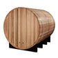 Golden Designs Klosters barrel sauna in light wood with vertical staves and metal bands, shown on black support stand against