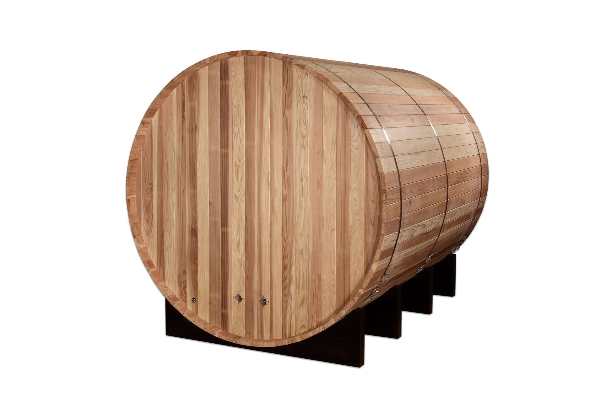 Golden Designs Klosters barrel sauna in light wood with vertical staves and metal bands, shown on black support stand against