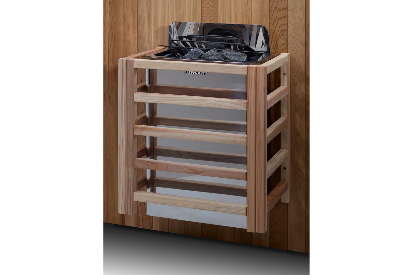 Golden Designs Klosters 6-person traditional barrel sauna with light wood exterior, open lid showing black interior, and mult