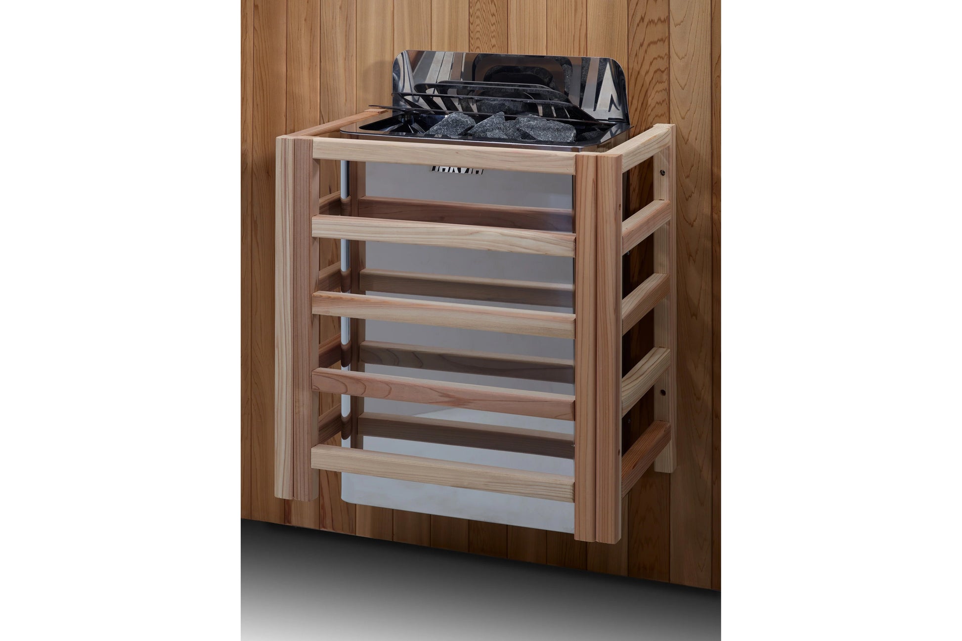 Golden Designs Klosters 6-person traditional barrel sauna with light wood exterior, open lid showing black interior, and mult