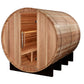 Golden Designs Klosters barrel sauna with cedar wood exterior, open door revealing wooden interior benches, on white backgrou