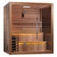 Cedar wood sauna cabin with glass door, dual benches with golden ambient lighting, control panel, and side step ladder on whi
