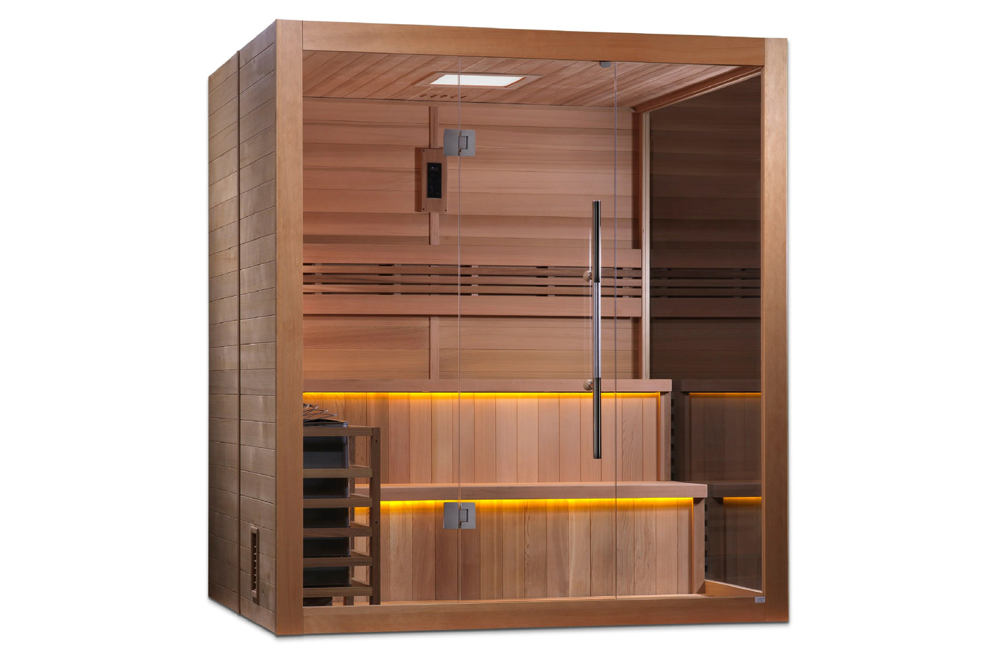 Cedar wood sauna cabin with glass door, dual benches with golden ambient lighting, control panel, and side step ladder on whi