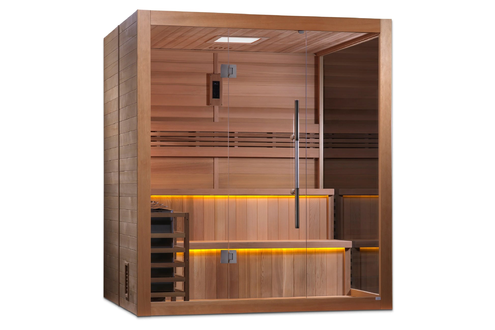 Cedar wood sauna cabin with glass door, dual benches with golden ambient lighting, control panel, and side step ladder on whi