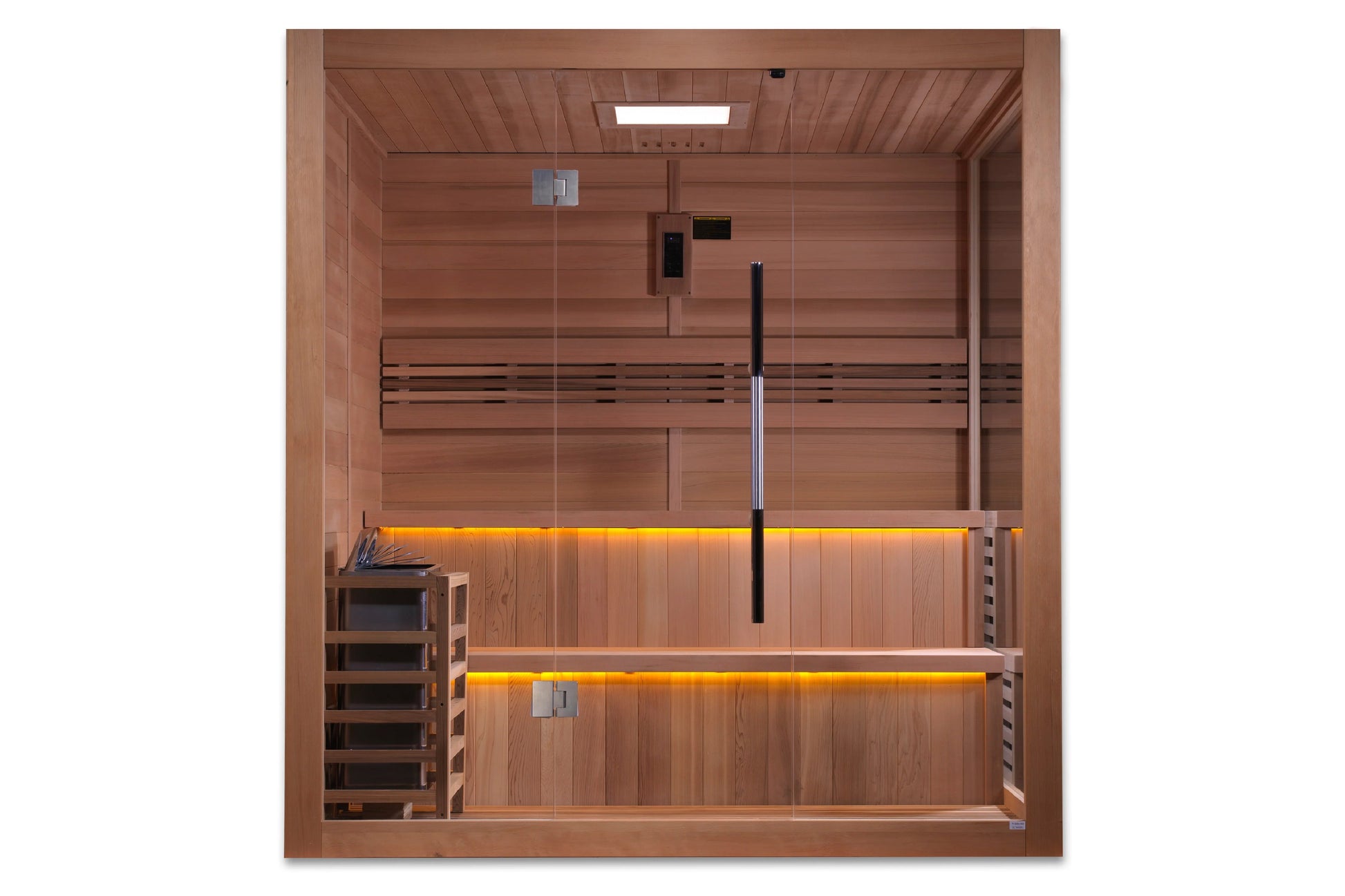 Golden Designs Kuusamo Edition 6-person traditional sauna with cedar wood interior, dual amber LED lighting, glass door, and 