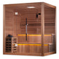 Cedar wood traditional sauna with glass door, wooden benches, golden ambient lighting, and control panel on white background