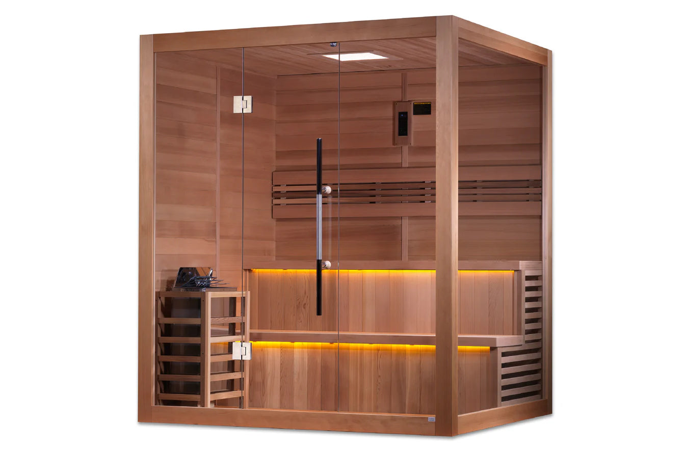Cedar wood traditional sauna with glass door, wooden benches, golden ambient lighting, and control panel on white background