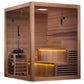 Golden Designs Kuusamo Edition cedar wood sauna with glass doors, wooden benches, and warm amber lighting on white background