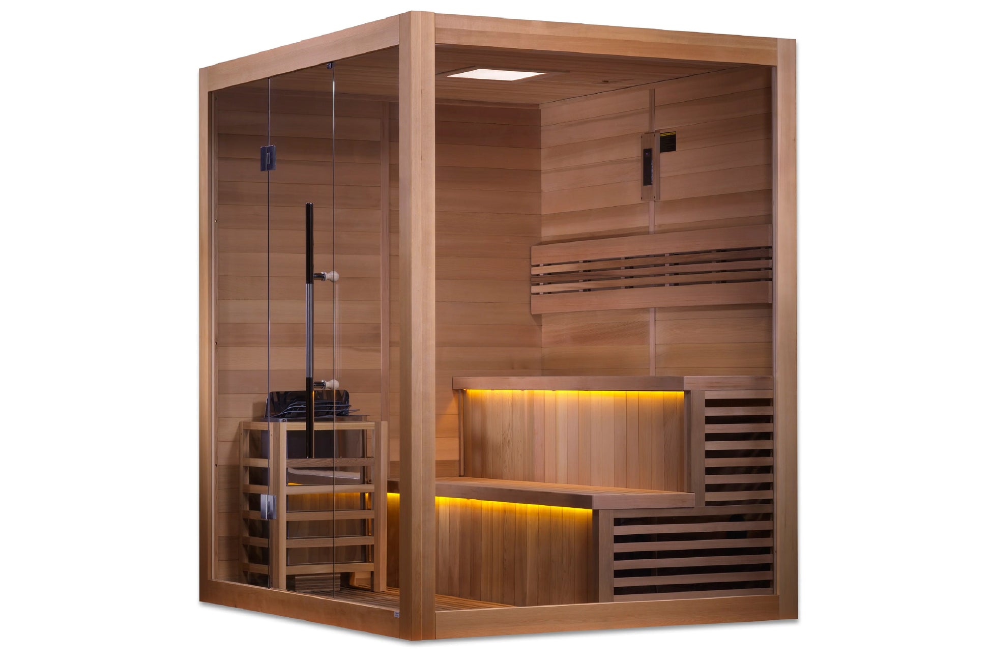 Golden Designs Kuusamo Edition cedar wood sauna with glass doors, wooden benches, and warm amber lighting on white background