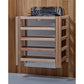 Kuusamo Edition six-person sauna with natural wood frame, gray interior panels, five horizontal shelves, and black heater uni