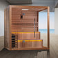 Golden Designs Kuusamo Edition 6-person sauna with cedar wood frame, glass door, built-in benches with yellow accent lighting