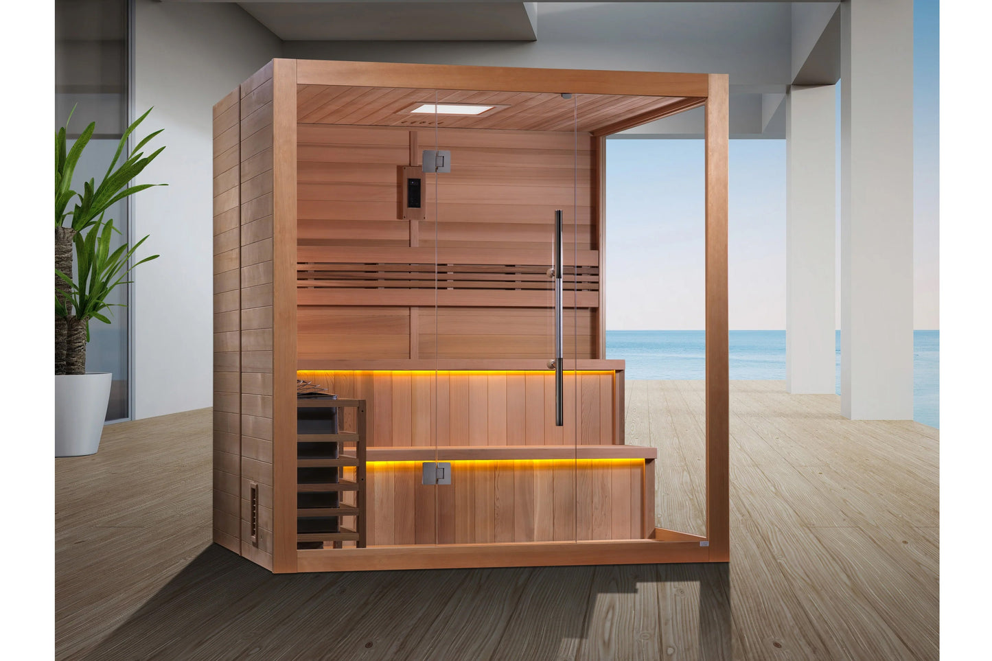 Golden Designs Kuusamo Edition 6-person sauna with cedar wood frame, glass door, built-in benches with yellow accent lighting