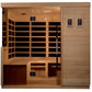 Cedar wood sauna cabin with glass door, infrared heating panels on interior walls, wooden bench seating, digital control pane