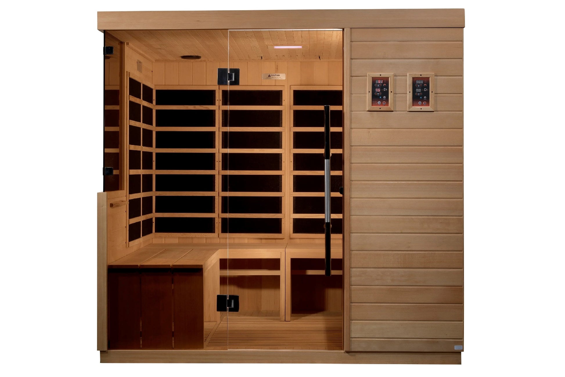 Cedar wood sauna cabin with glass door, infrared heating panels on interior walls, wooden bench seating, digital control pane