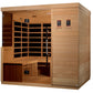 Dynamic La Sagrada 6-person indoor far infrared sauna with cedar wood construction, glass front door, benches, and digital co
