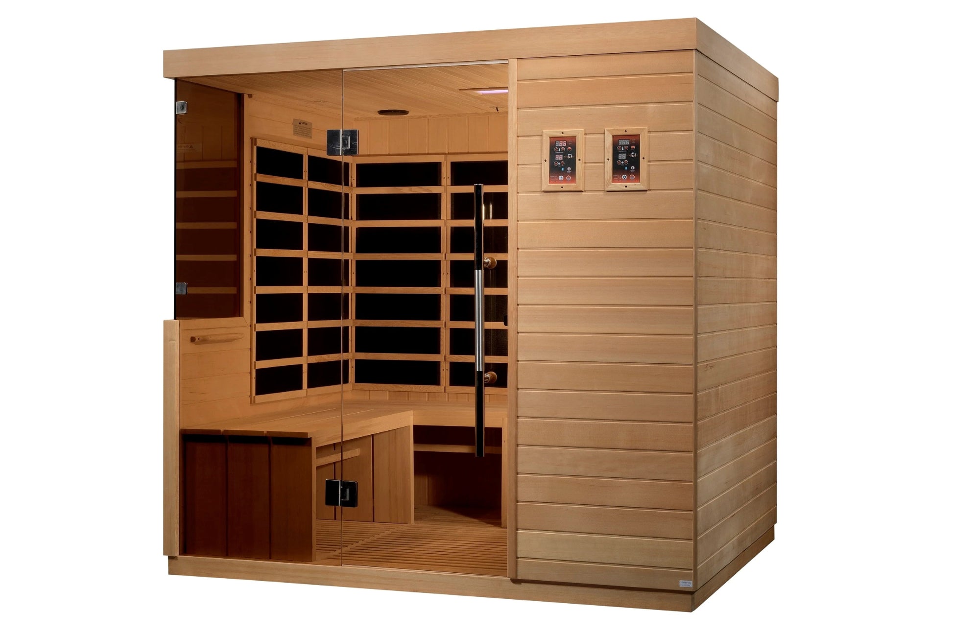 Dynamic La Sagrada 6-person indoor far infrared sauna with cedar wood construction, glass front door, benches, and digital co