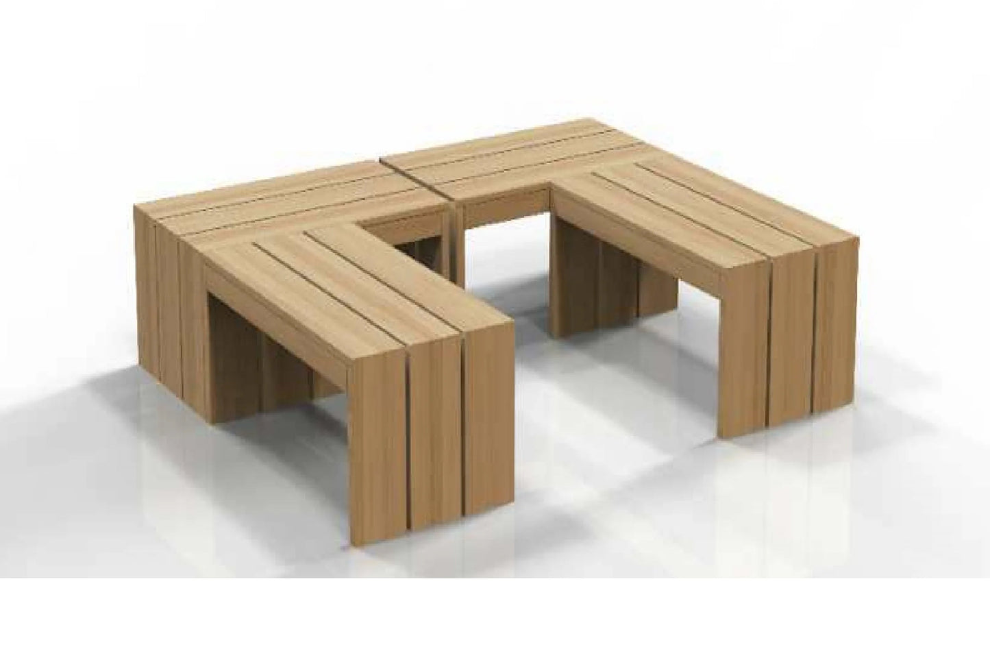 Light wood sauna with U-shaped bench seating for six people, shown on white background