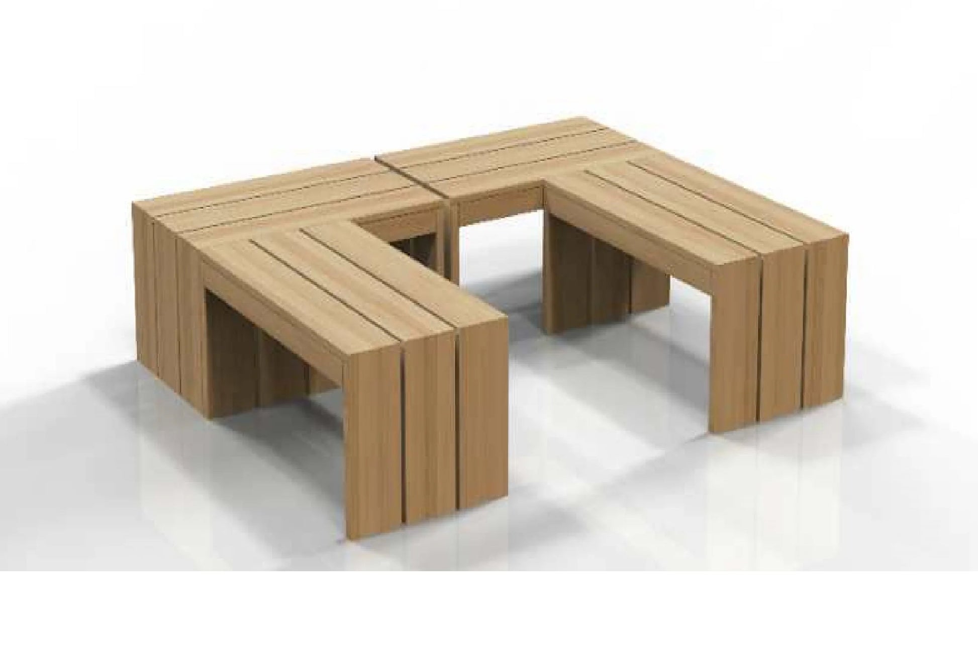 Light wood sauna with U-shaped bench seating for six people, shown on white background