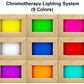 Chromotherapy lighting system with 9 color options in wooden frames: yellow, green, magenta, white, blue, red, purple, orange