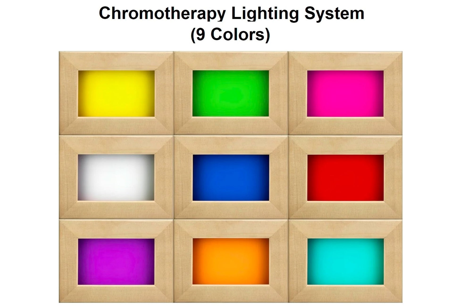 Chromotherapy lighting system with 9 color options in wooden frames: yellow, green, magenta, white, blue, red, purple, orange