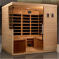 Wooden infrared sauna cabin with glass door and front panels, cedar interior with bench seating, digital control panels on ex