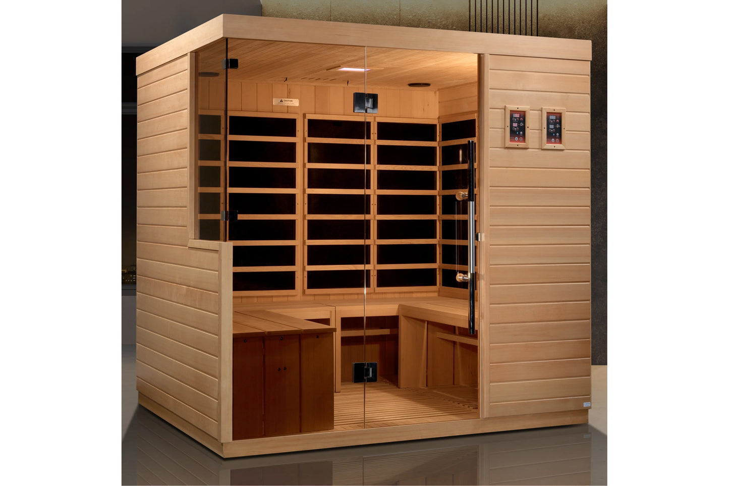 Wooden infrared sauna cabin with glass door and front panels, cedar interior with bench seating, digital control panels on ex