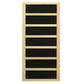 Natural wood sauna cabinet with seven black horizontal panels separated by light wood dividers, front view on white backgroun