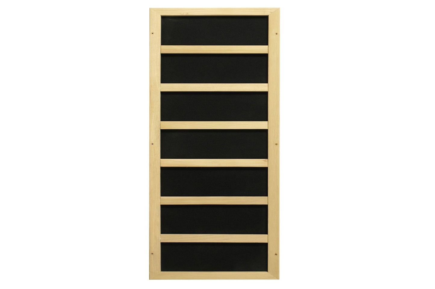 Natural wood sauna cabinet with seven black horizontal panels separated by light wood dividers, front view on white backgroun